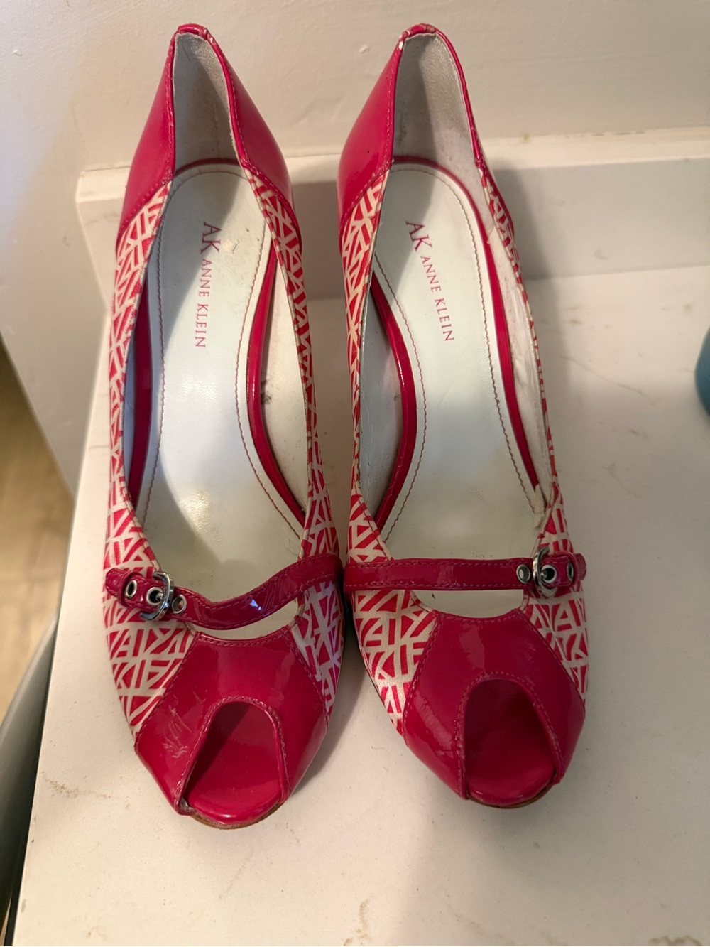 Anne Klein Pink and White Patent Geometric Peep-Toe Heels